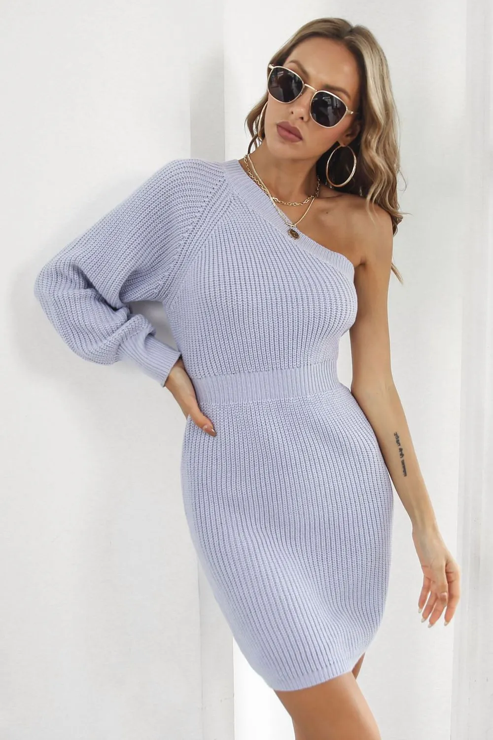 One Shoulder Raglan Sleeve Pencil Sweater Dress, image 4