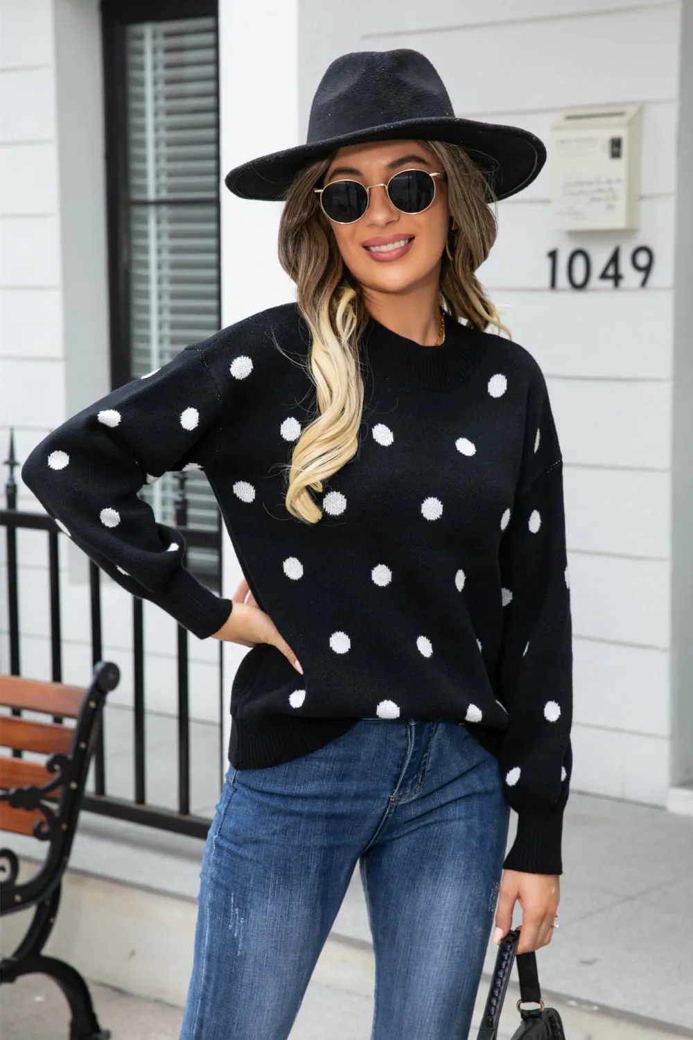 Polka Dot Round Neck Dropped Shoulder Sweater, image 7