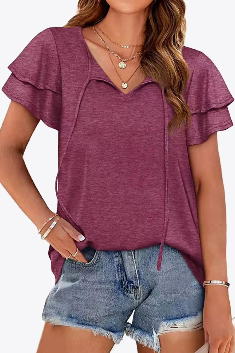 Tie-Neck Layered Flutter Sleeve Blouse, image 2