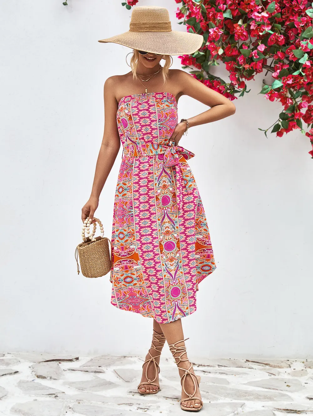 Printed Strapless Tie Belt Dress, image 11