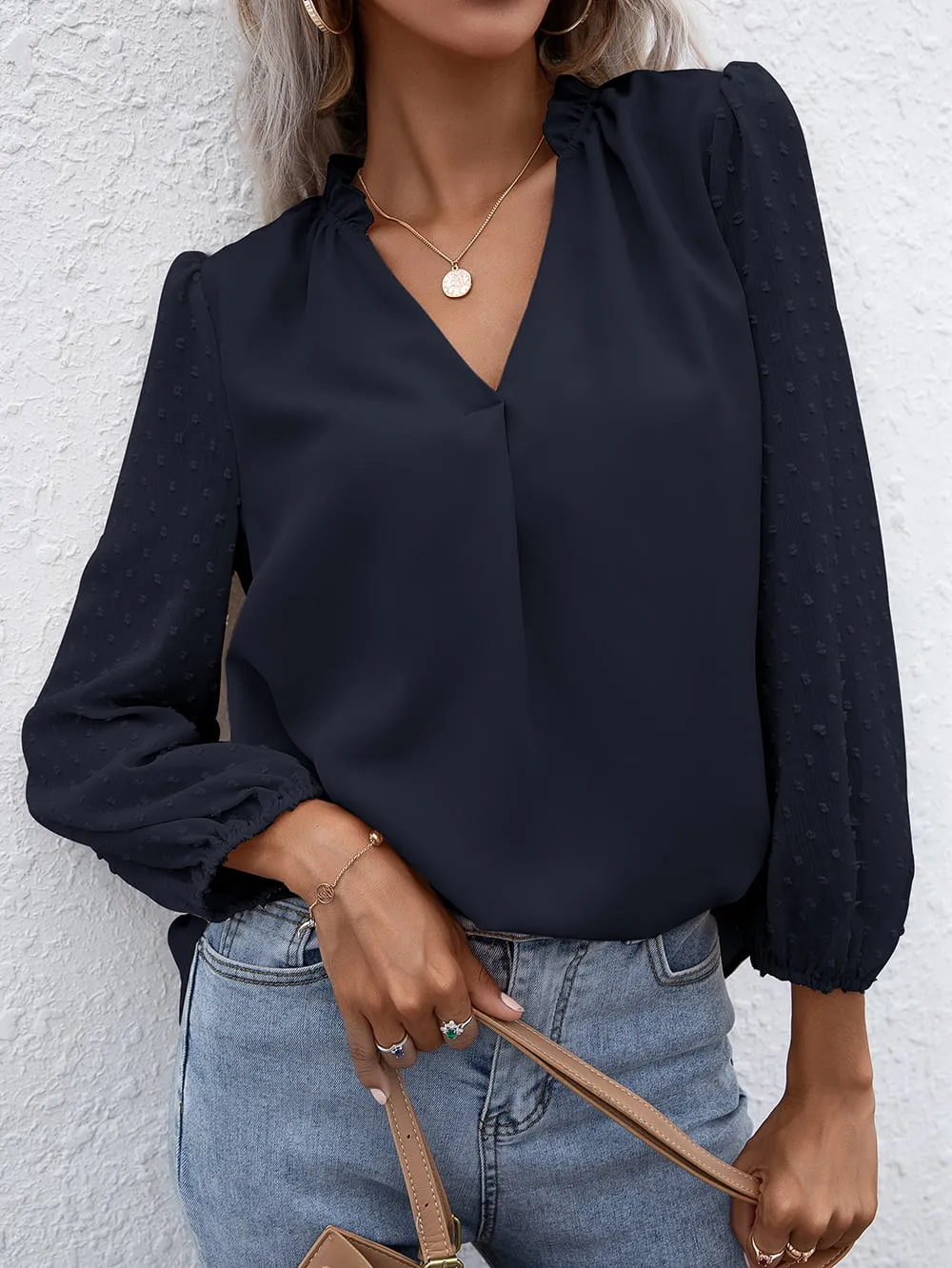 Swiss Dot Frill Trim Puff Sleeve Blouse, image 8