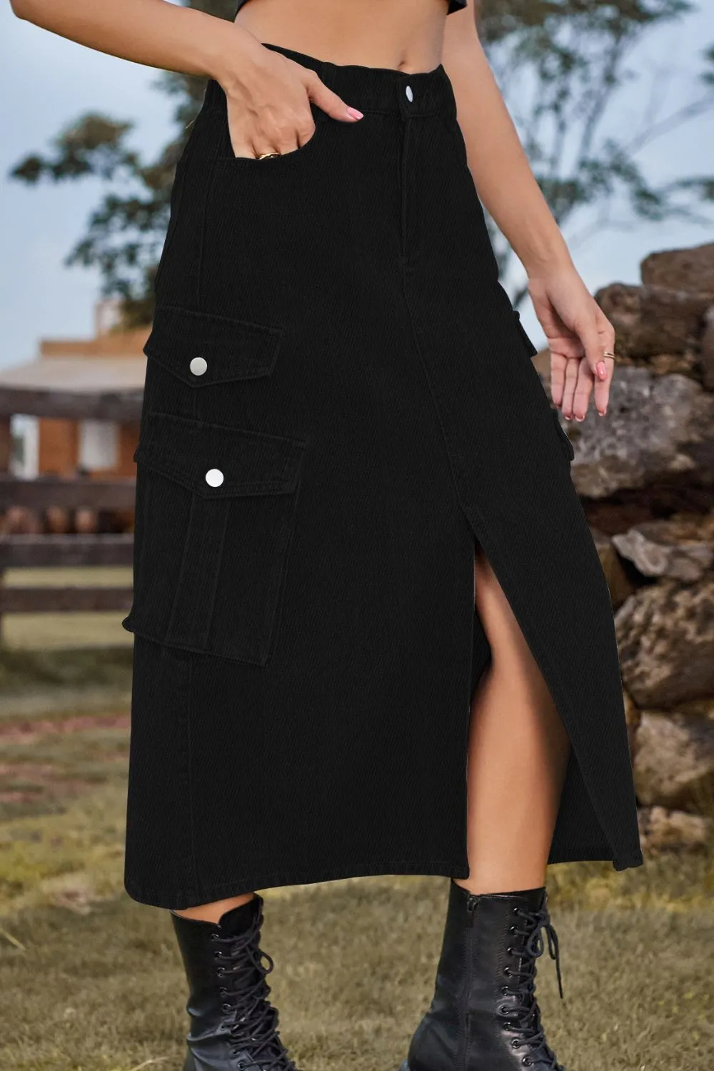 Slit Front Midi Denim Skirt with Pockets, image 10
