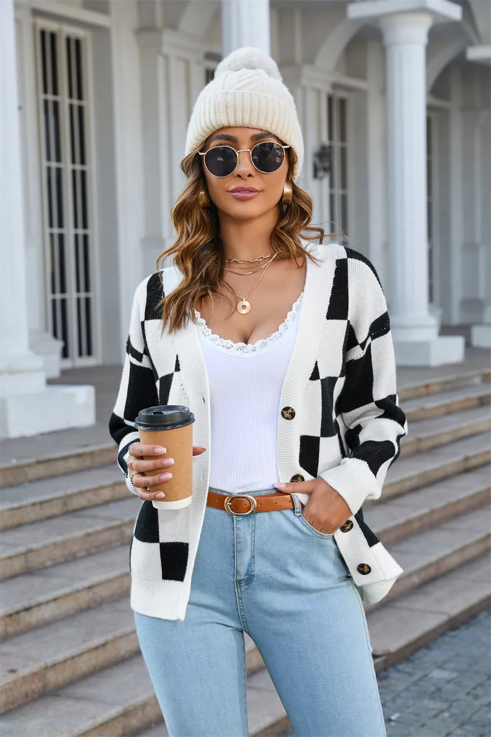 Button-Up V-Neck Dropped Shoulder Cardigan, image 8