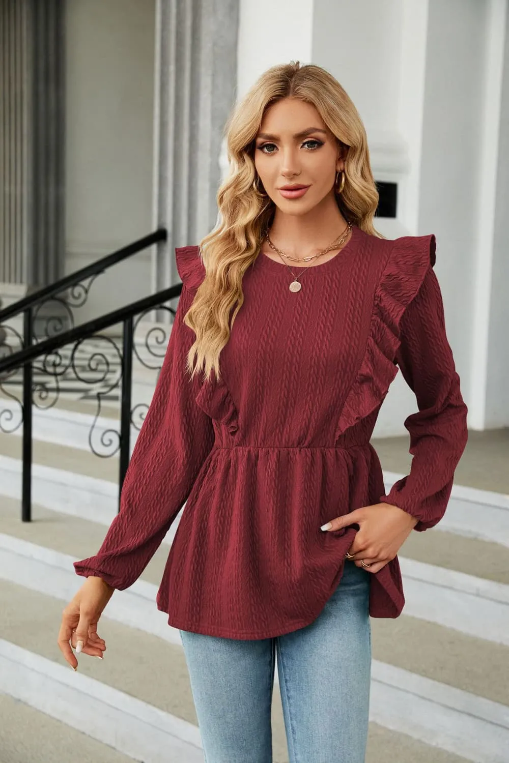 Round Neck Ruffled Peplum Blouse, image 16