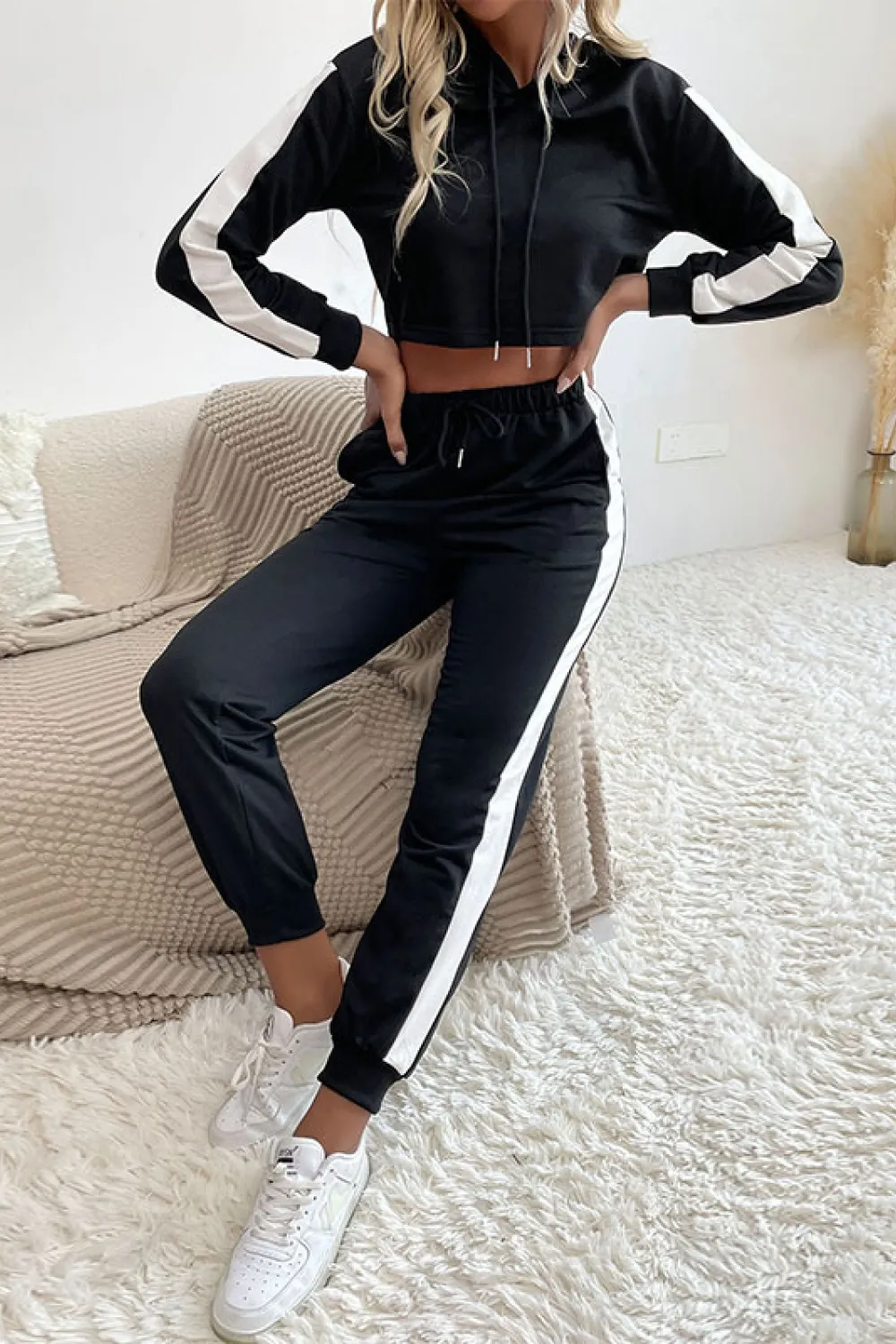 Side Stripe Cropped Hoodie and Jogger Set, image 4