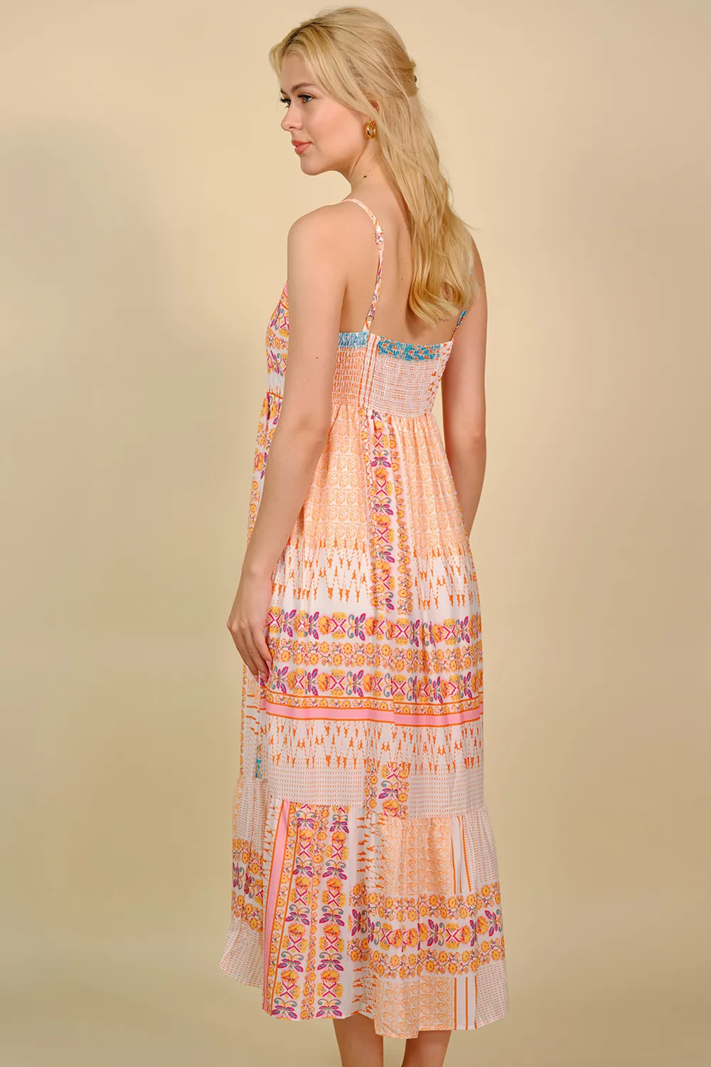 Printed Spaghetti Strap Smocked Midi Dress, image 5