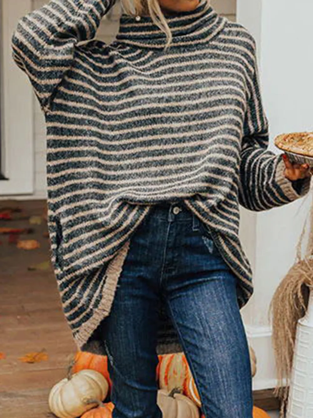 Striped Turtleneck Sweater with Pockets, image 3