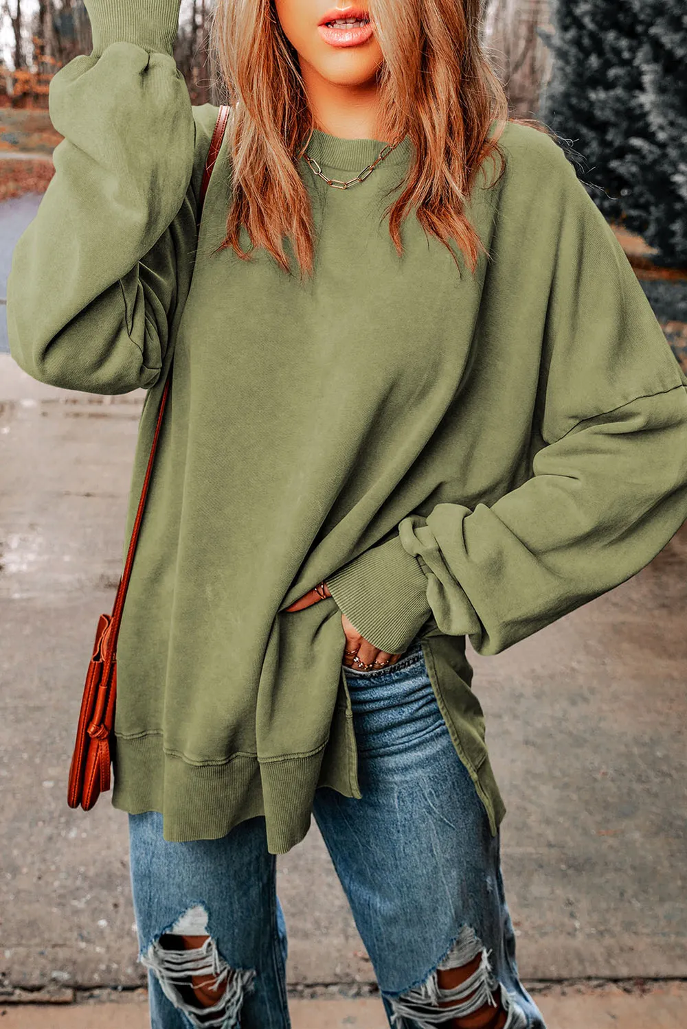 Dropped Shoulder Round Neck Long Sleeve Blouse, image 6