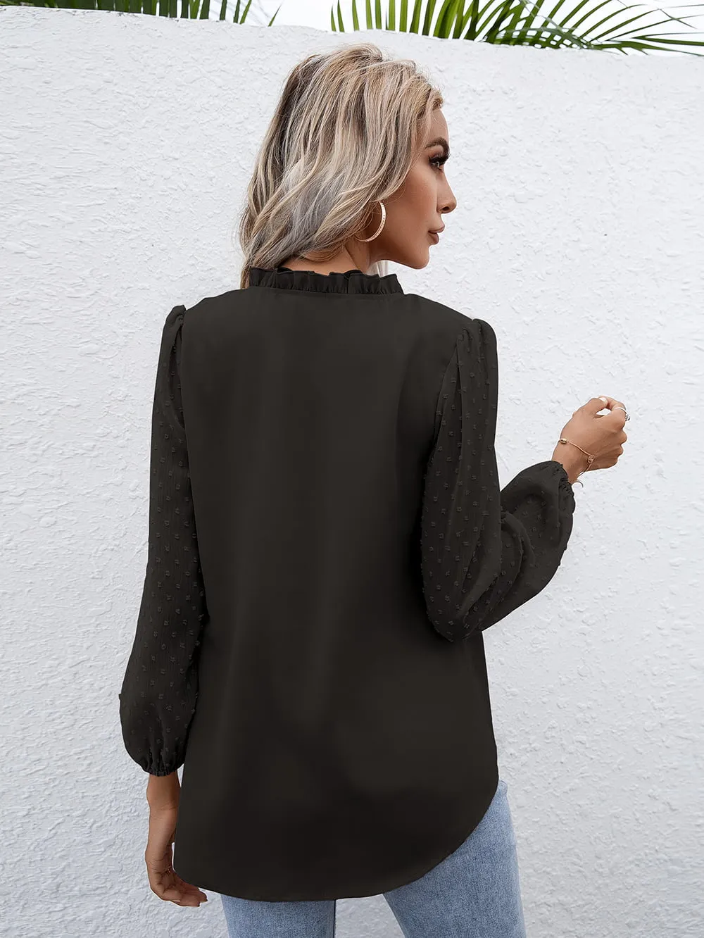 Swiss Dot Frill Trim Puff Sleeve Blouse, image 2
