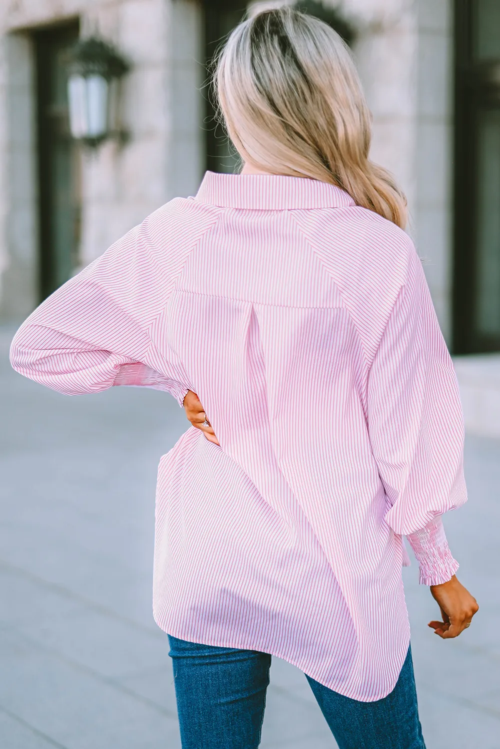 Striped Lantern Sleeve Collared Shirt, image 18