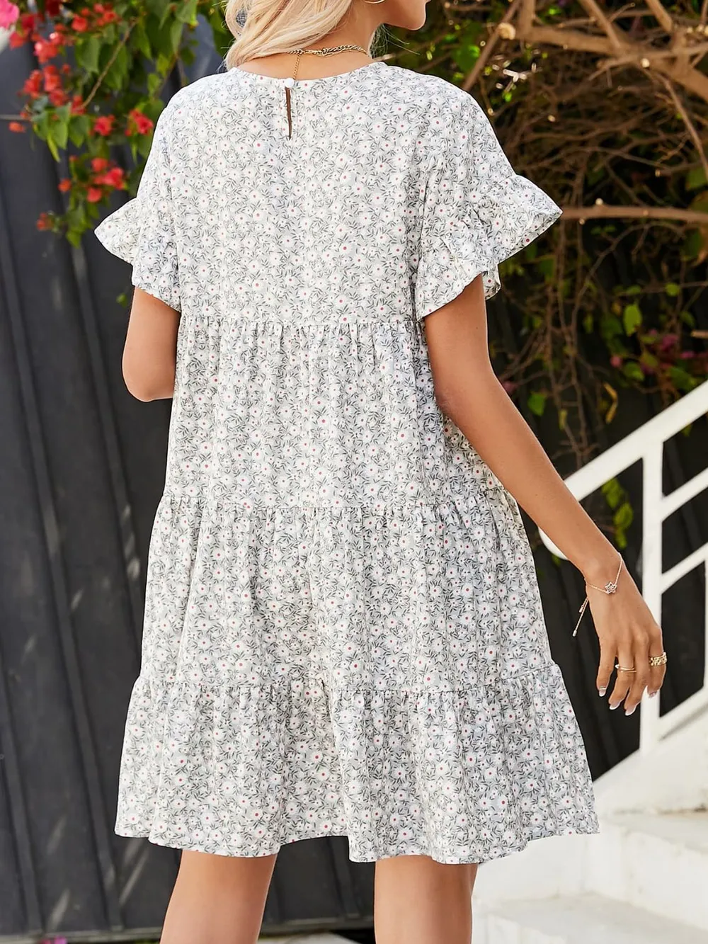 Short Flounce Sleeve Tiered Dress, image 6