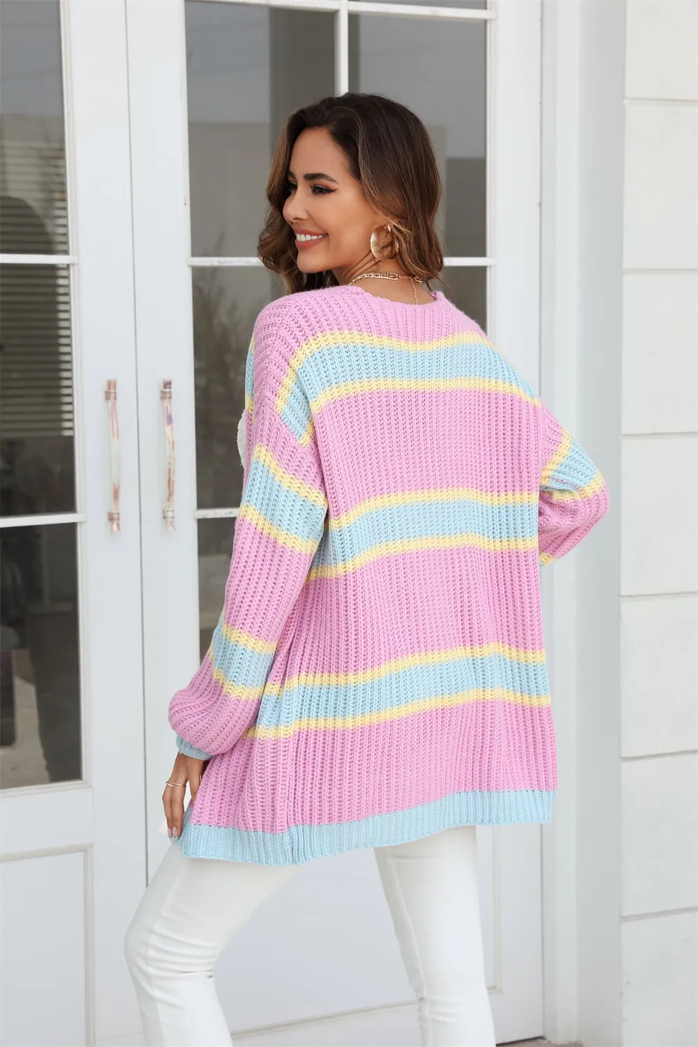 Color Block Ribbed Dropped Shoulder Open Front Cardigan, image 2