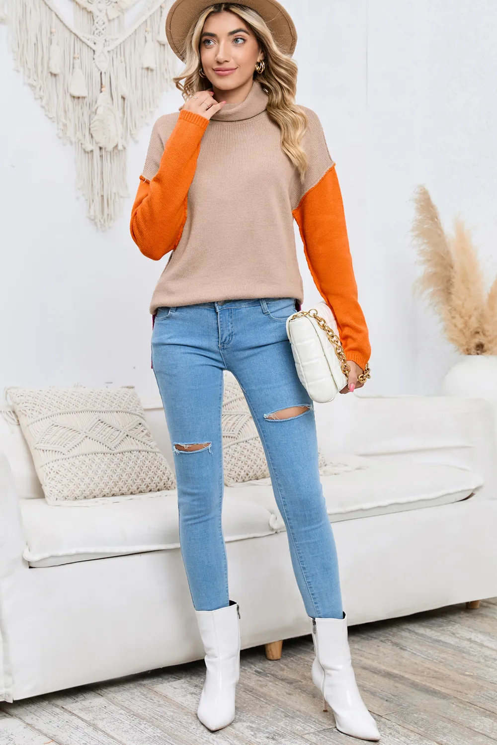 Turtle Neck Dropped Shoulder Slit Sweater, image 5