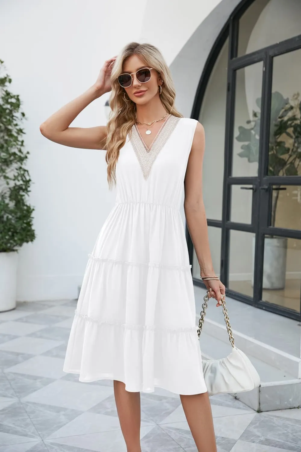 Contrast V-Neck Sleeveless Tiered Dress, image 10