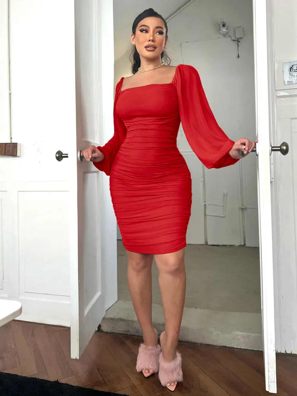 Zip-Back Ruched Bodycon Dress, image 2