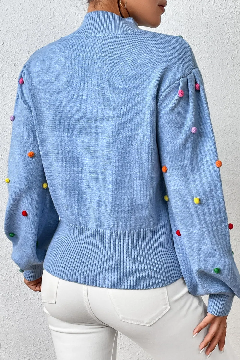 Pom-Pom Trim Mock Neck Long Sleeve Pullover Sweater, image 15