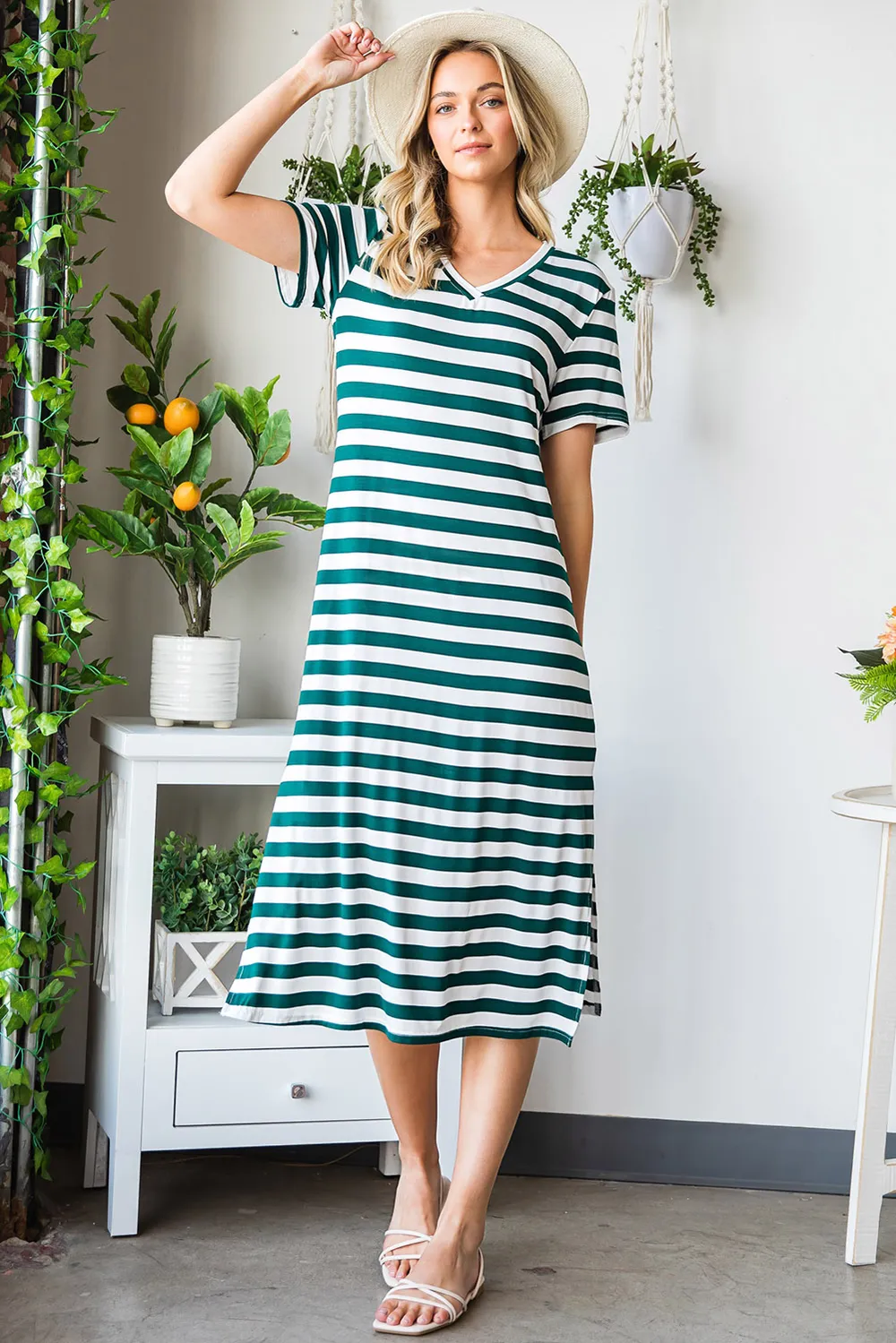 Striped V-Neck Short Sleeve Side Slit Dress, image 7