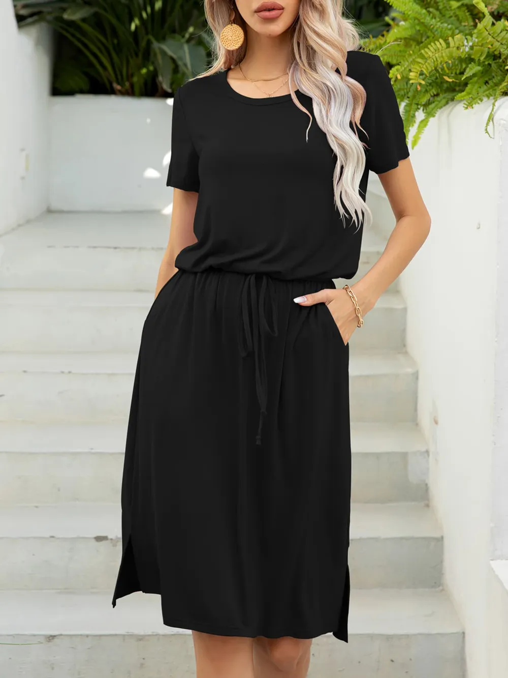 Round Neck Short Sleeve Slit Dress with Pockets, image 10