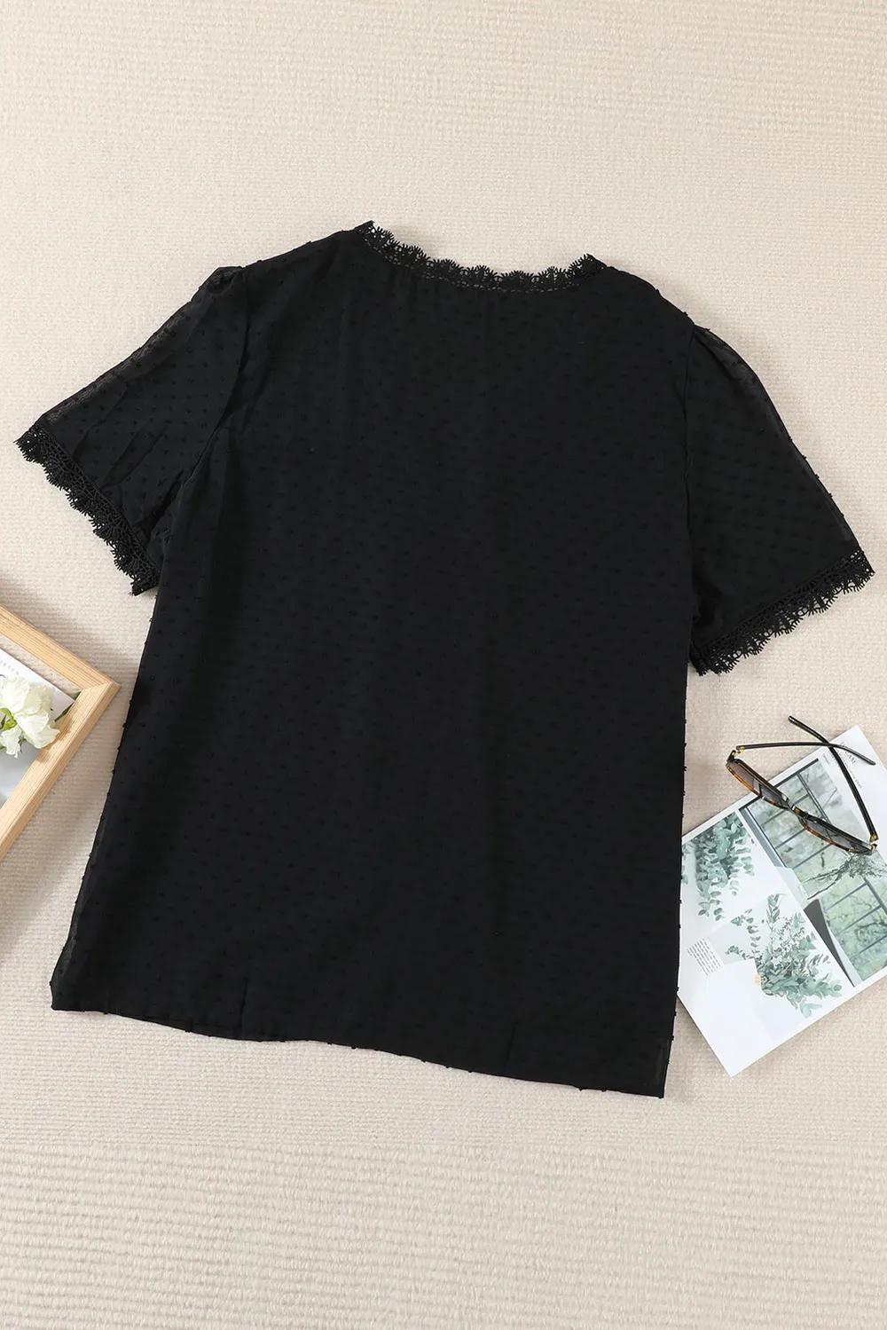 Plus Size Swiss Dot Spliced Lace V-Neck Blouse, image 7