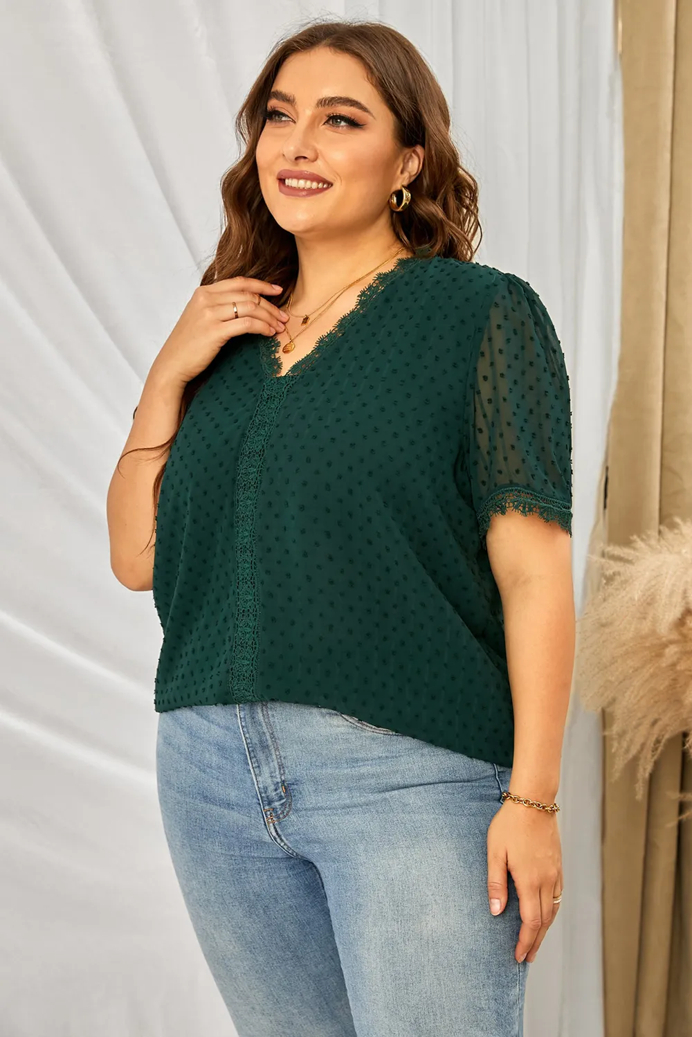 Plus Size Swiss Dot Spliced Lace V-Neck Blouse, image 8
