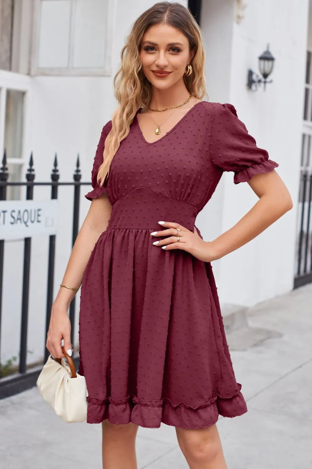 Swiss Dot Frill Trim Flounce Sleeve V-Neck Dress, image 10