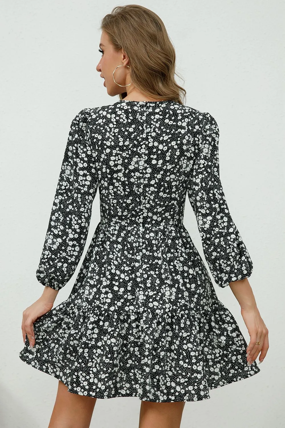 Printed Plunge Neck Flounce Sleeve Mini Dress, image 2