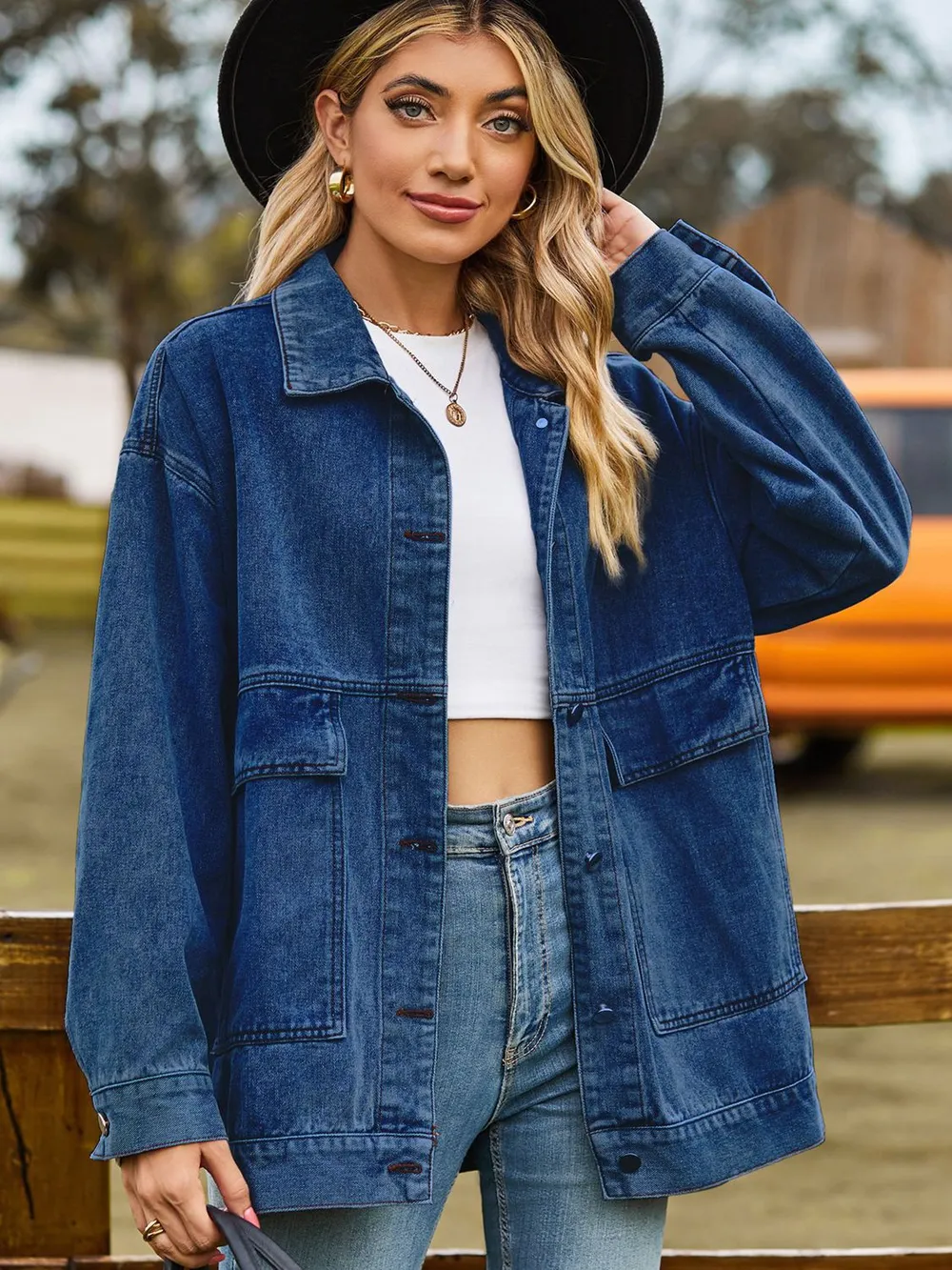 Dropped Shoulder Denim Jacket with Pockets, image 10