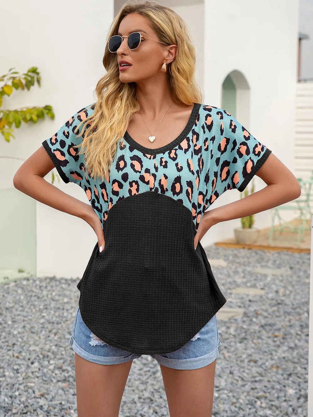 Leopard Waffle-Knit Short Sleeve Top, image 11