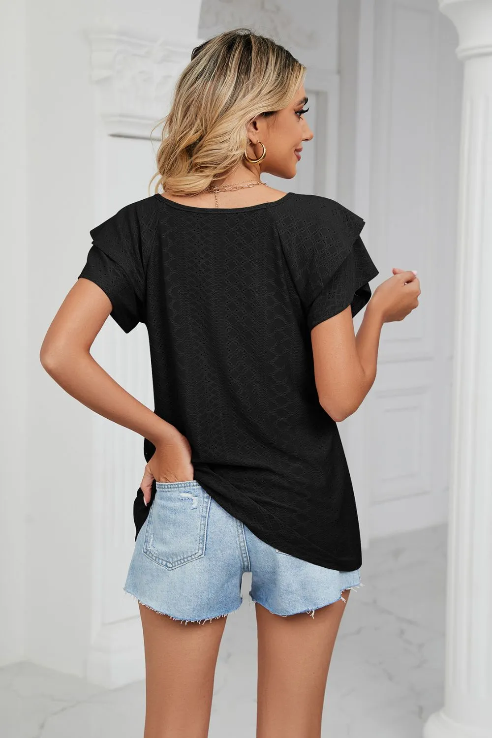 Eyelet Layered Flutter Sleeve V-Neck Knit Top, image 16