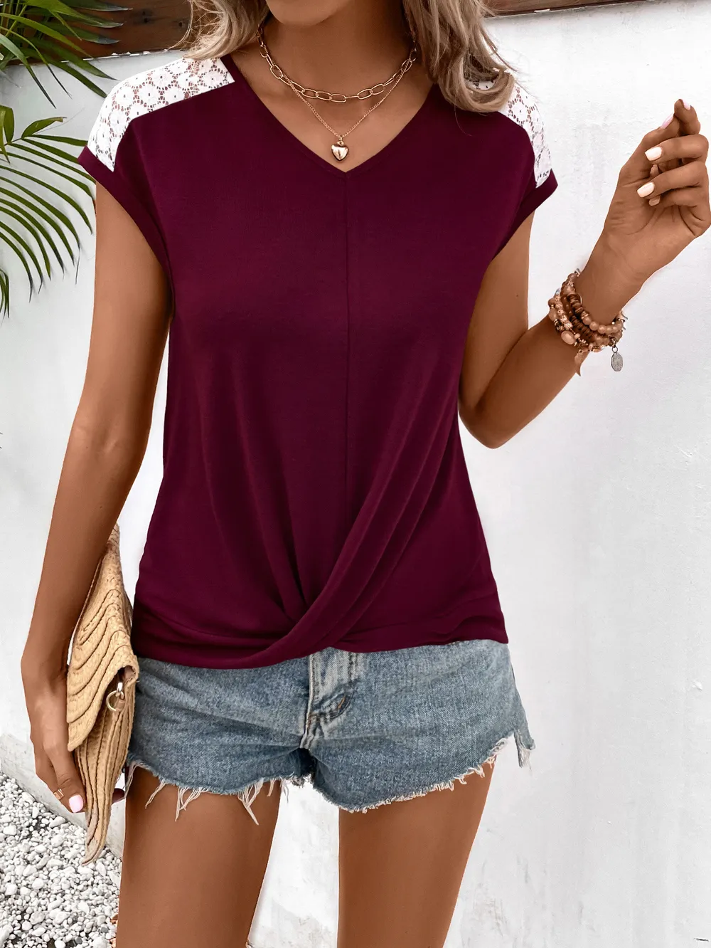 Spliced Lace V-Neck Twisted Hem Tee, image 8