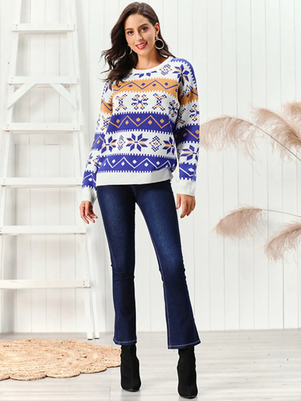 Snowflake Pattern Round Neck Sweater, image 3