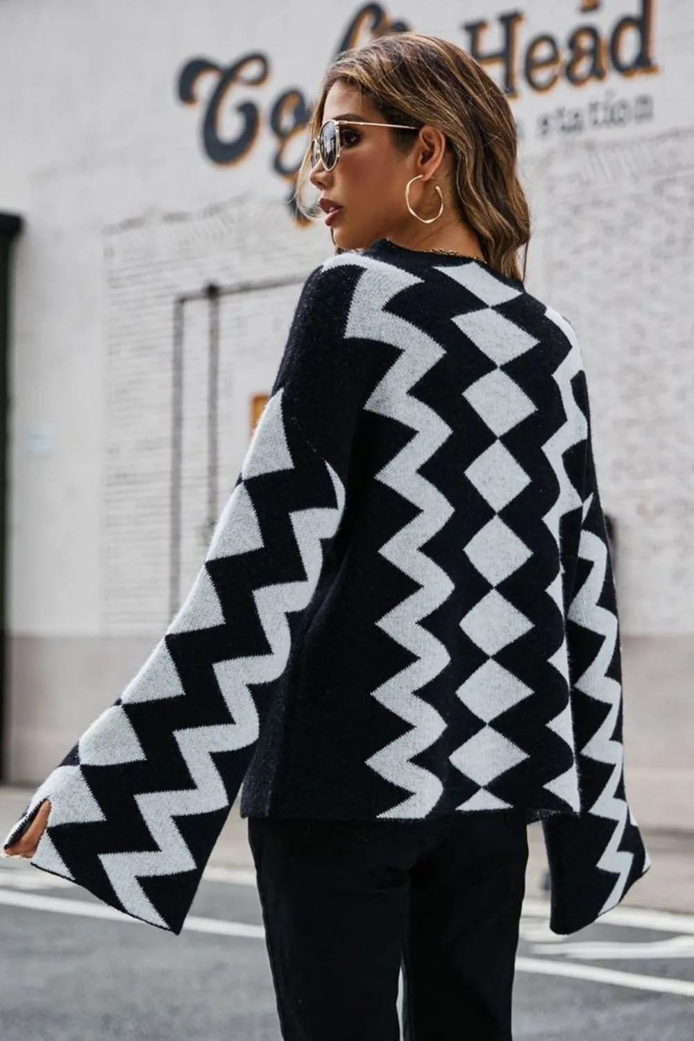Geometric Slit Flare Sleeve Round Neck Sweater, image 2