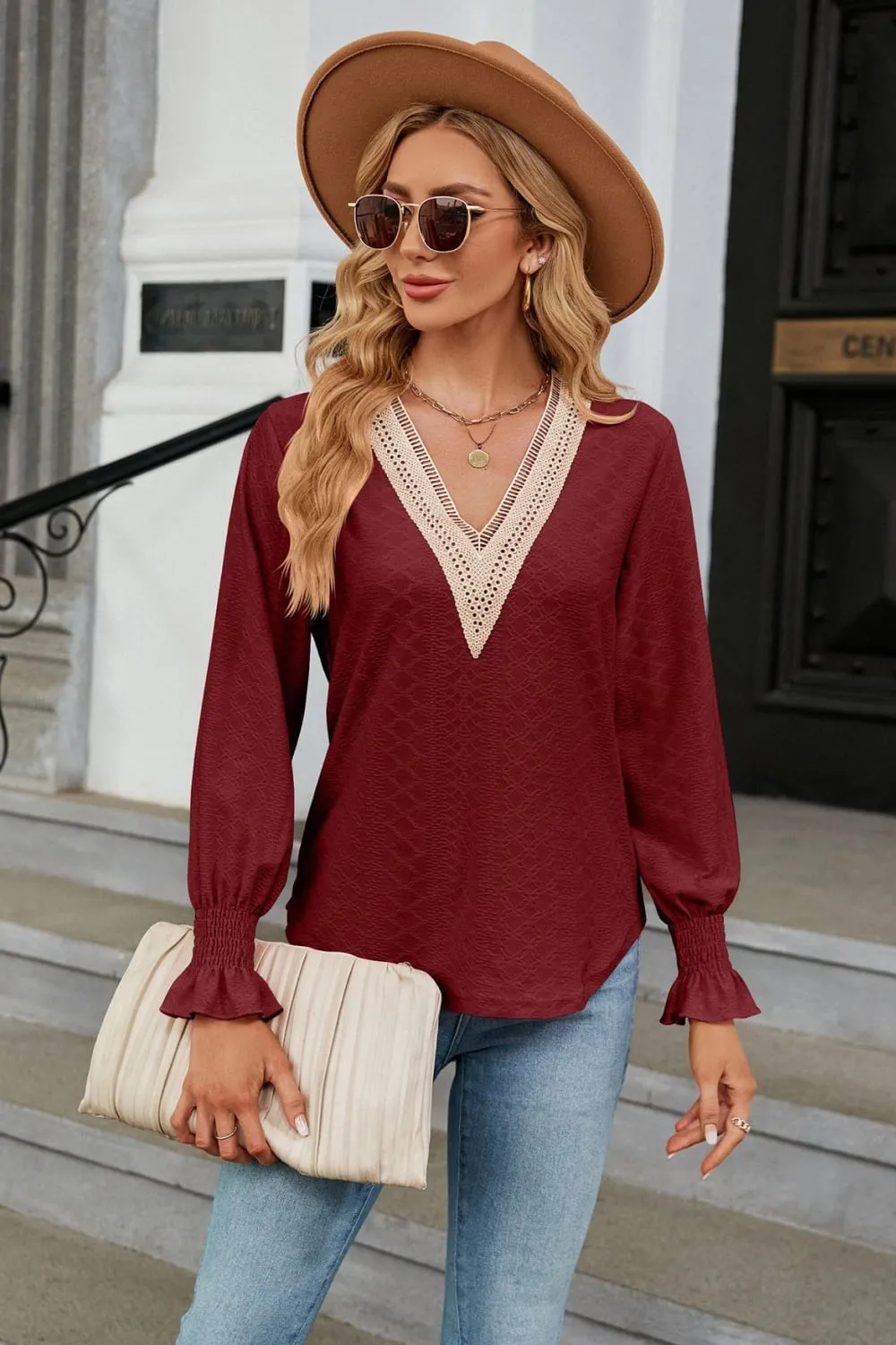 V-Neck Flounce Sleeve Blouse, image 2