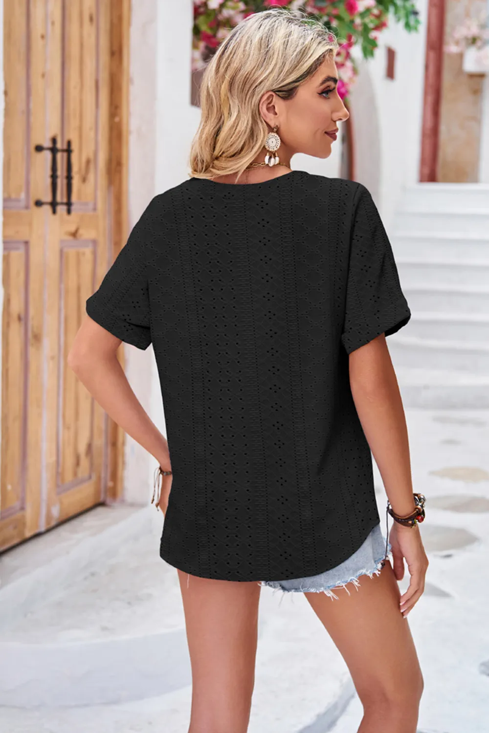 Buttoned Notched Neck Eyelet Top, image 9