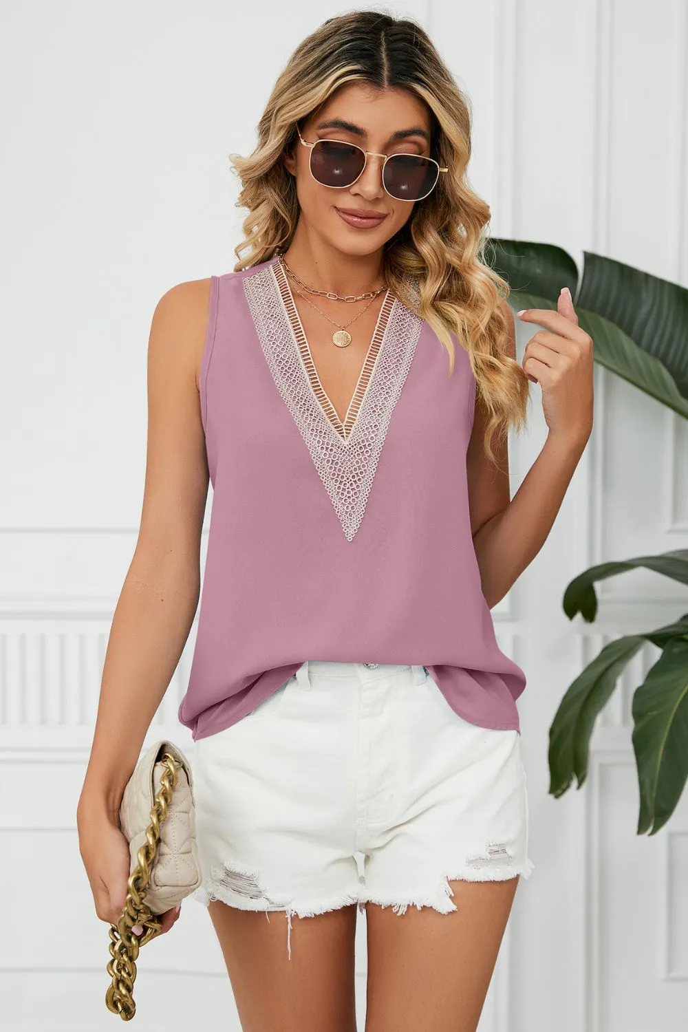 Contrast Trim Plunge Sleeveless Blouse, image 23