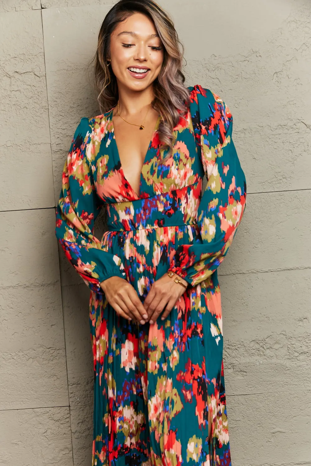 Printed Deep V Slit Pleated Dress, image 4