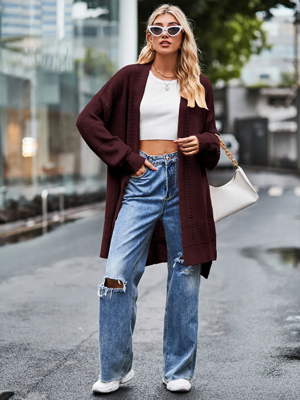 Long Sleeve Waffle-Knit Cardigan, image 20