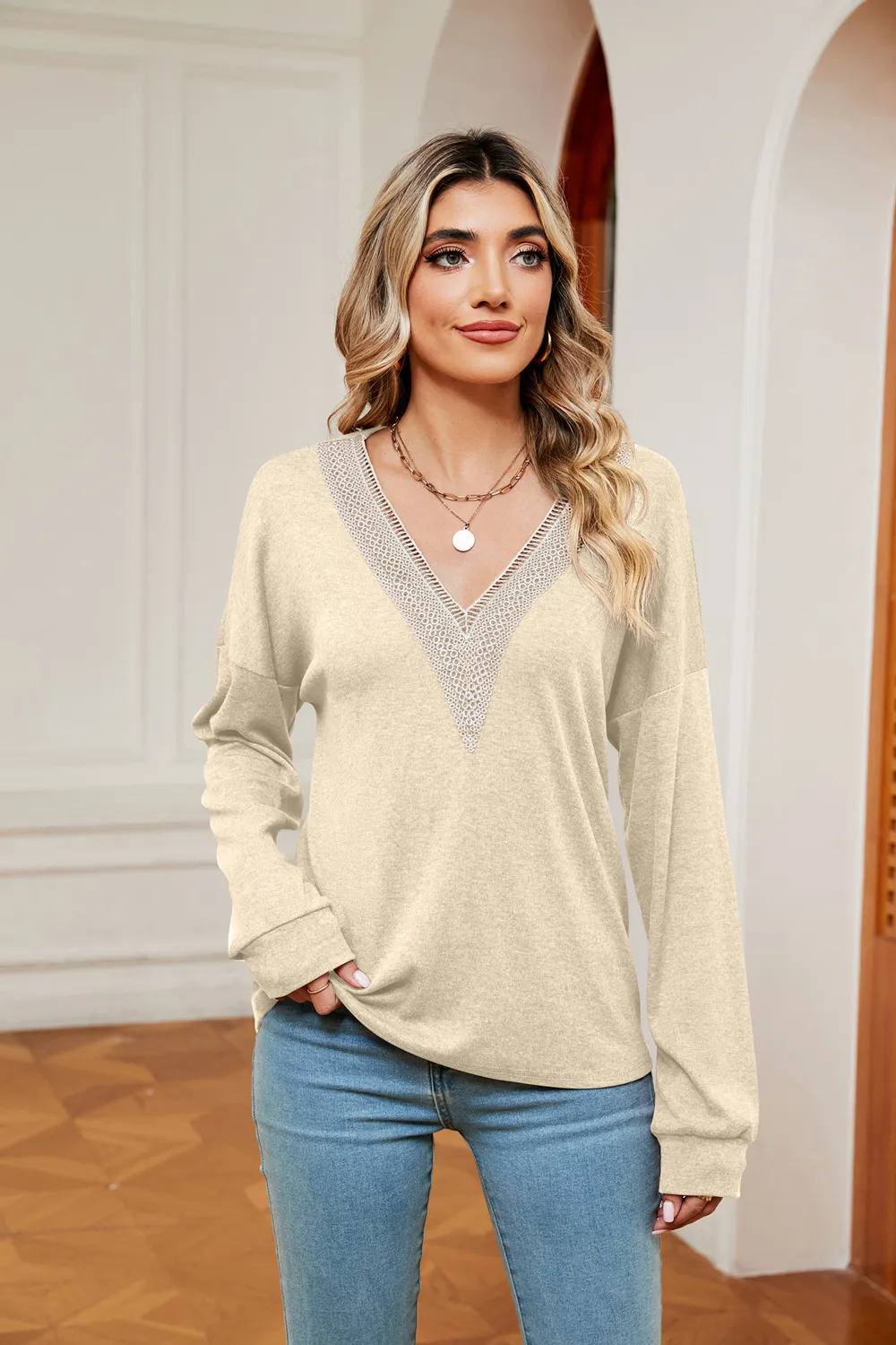 Contrast V-Neck Long Sleeve Blouse, image 10