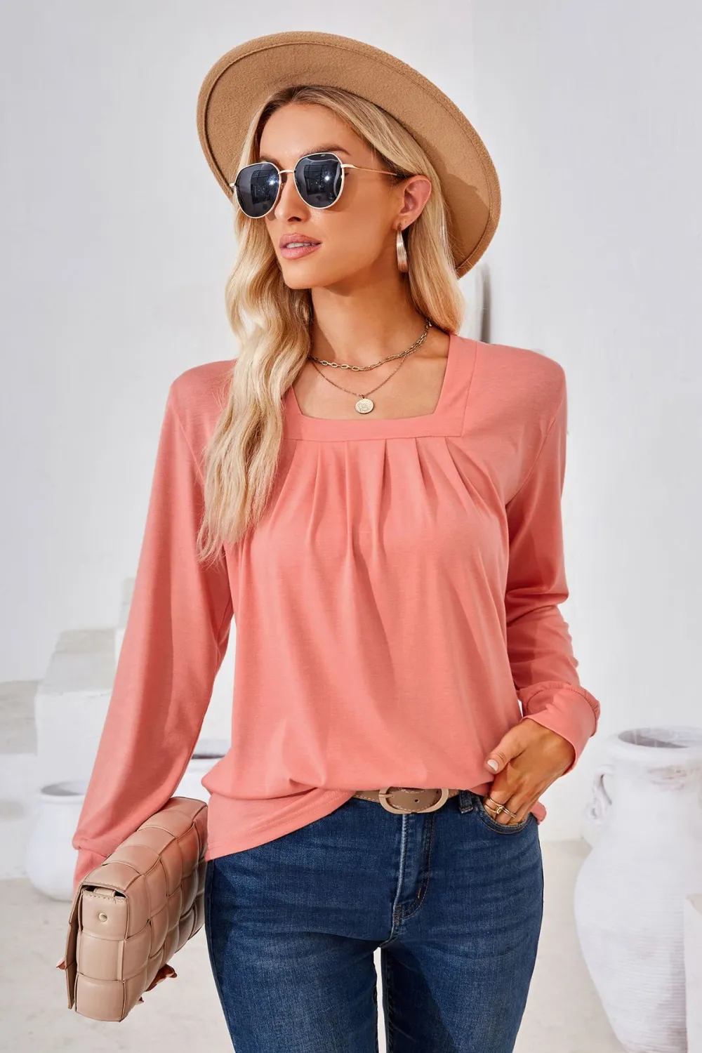 Square Neck Ruched Long Sleeve Blouse, image 8