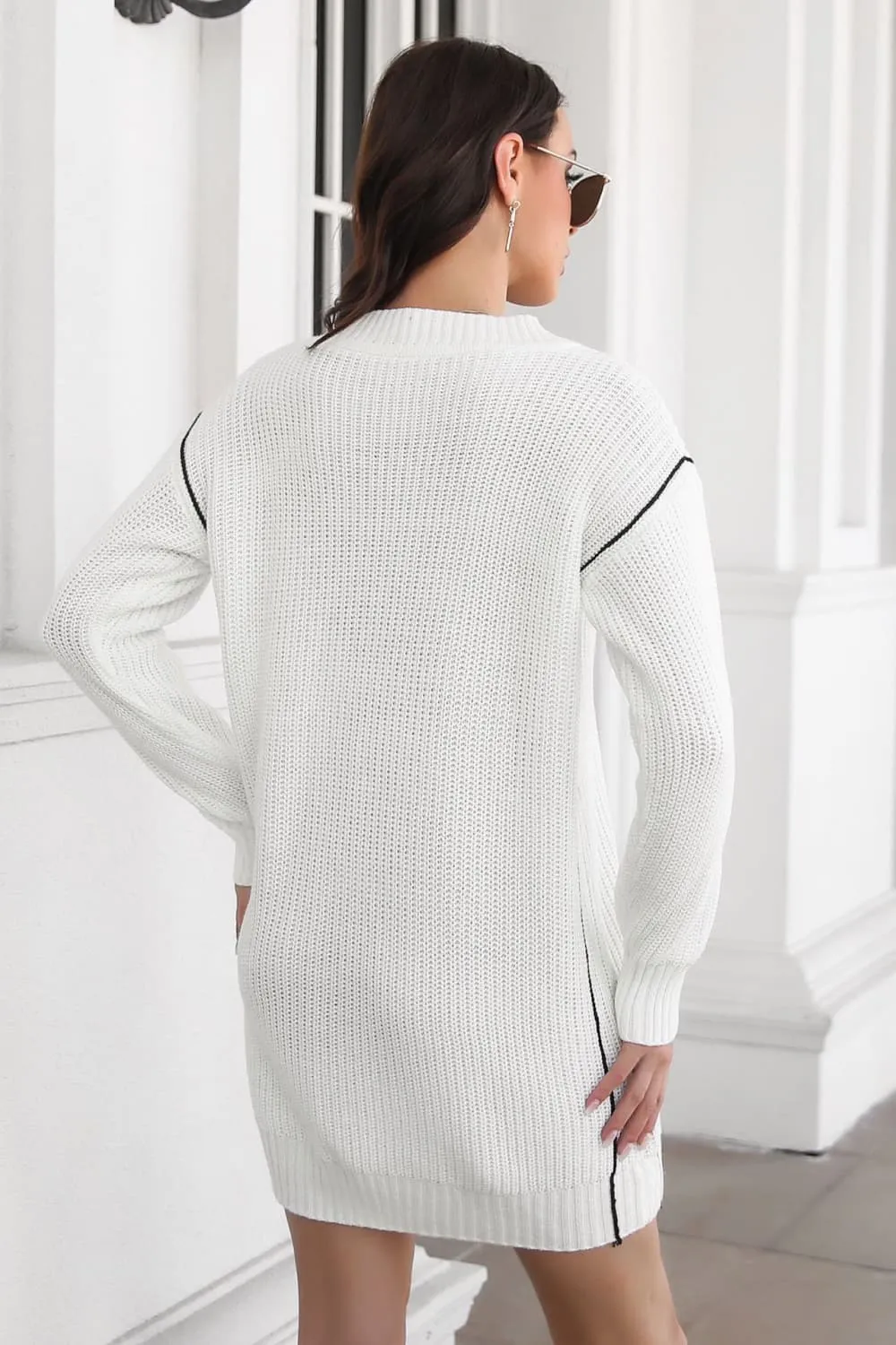 Contrast V-Neck Sweater Dress, image 6