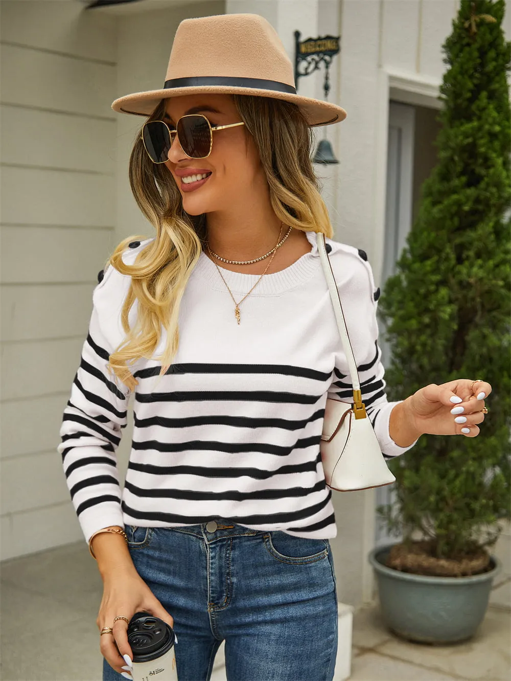 Round Neck Shoulder Button Striped Pullover Sweater, image 4