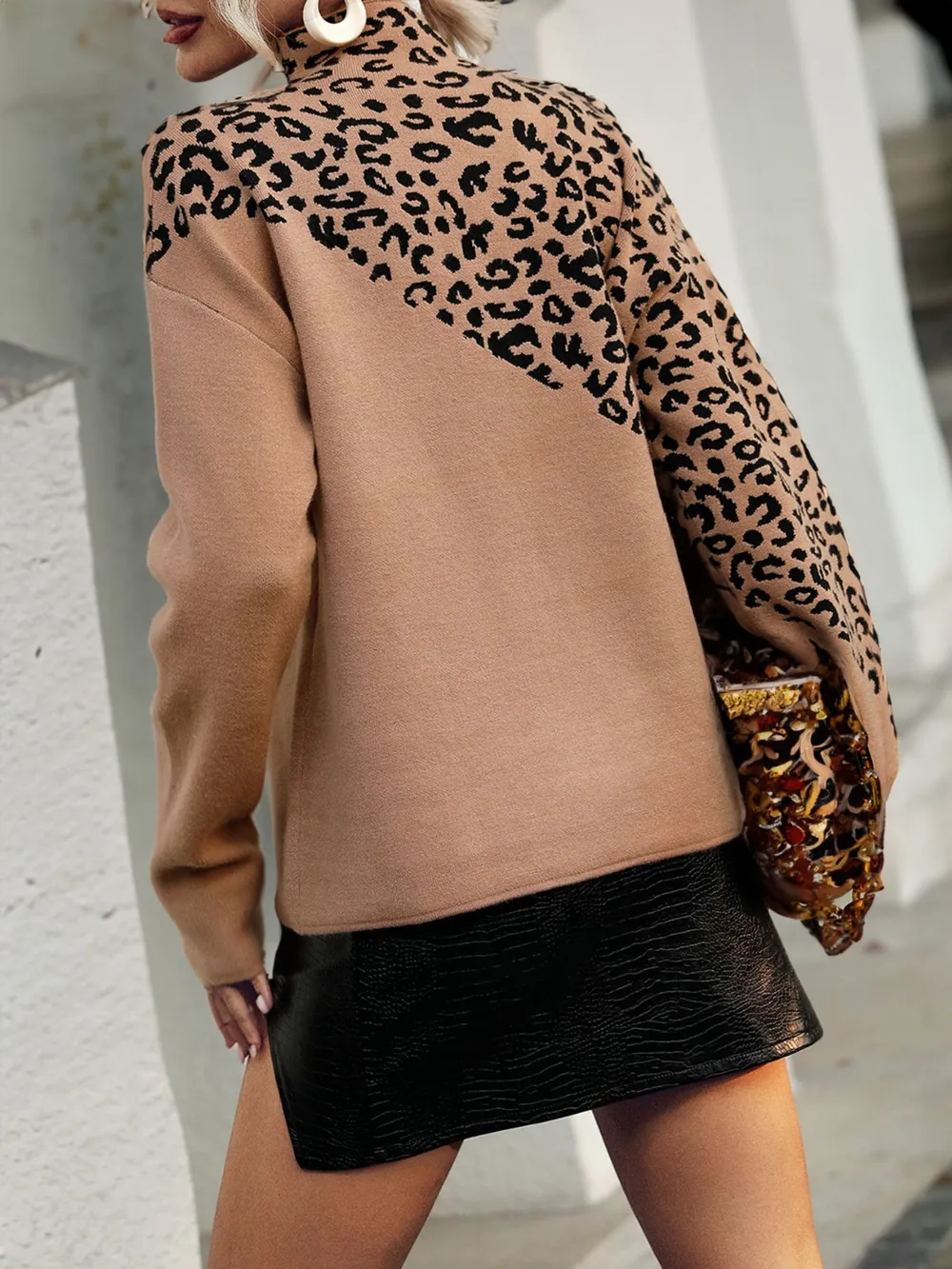 Leopard Mock Neck Dropped Shoulder Sweater, image 3