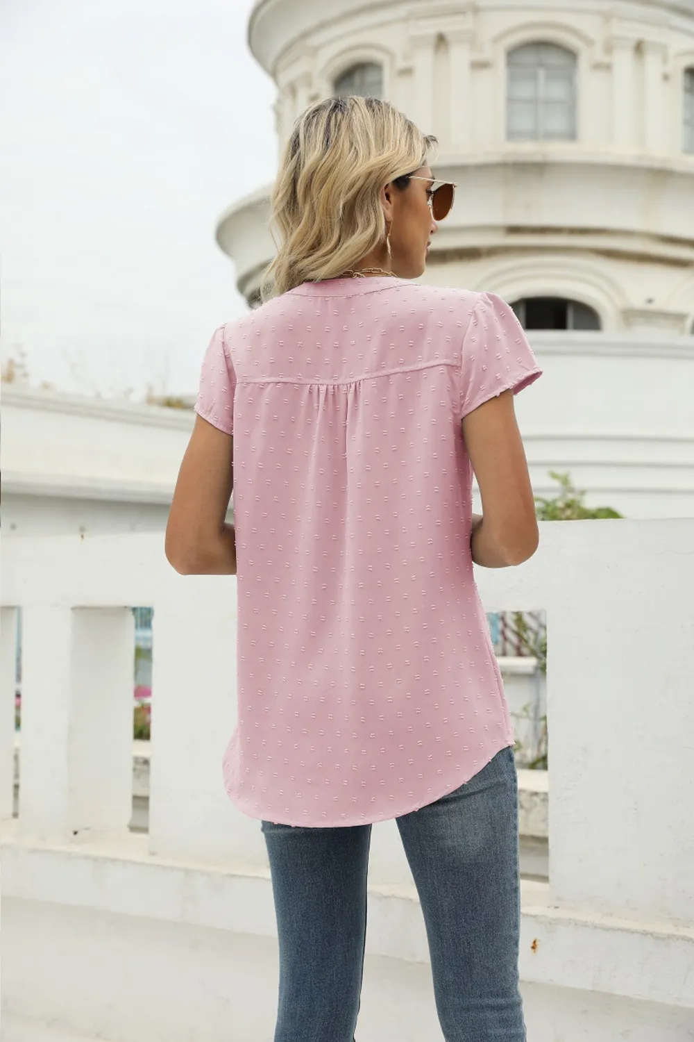 Swiss Dot Notched Neck Short Sleeve Top, image 23