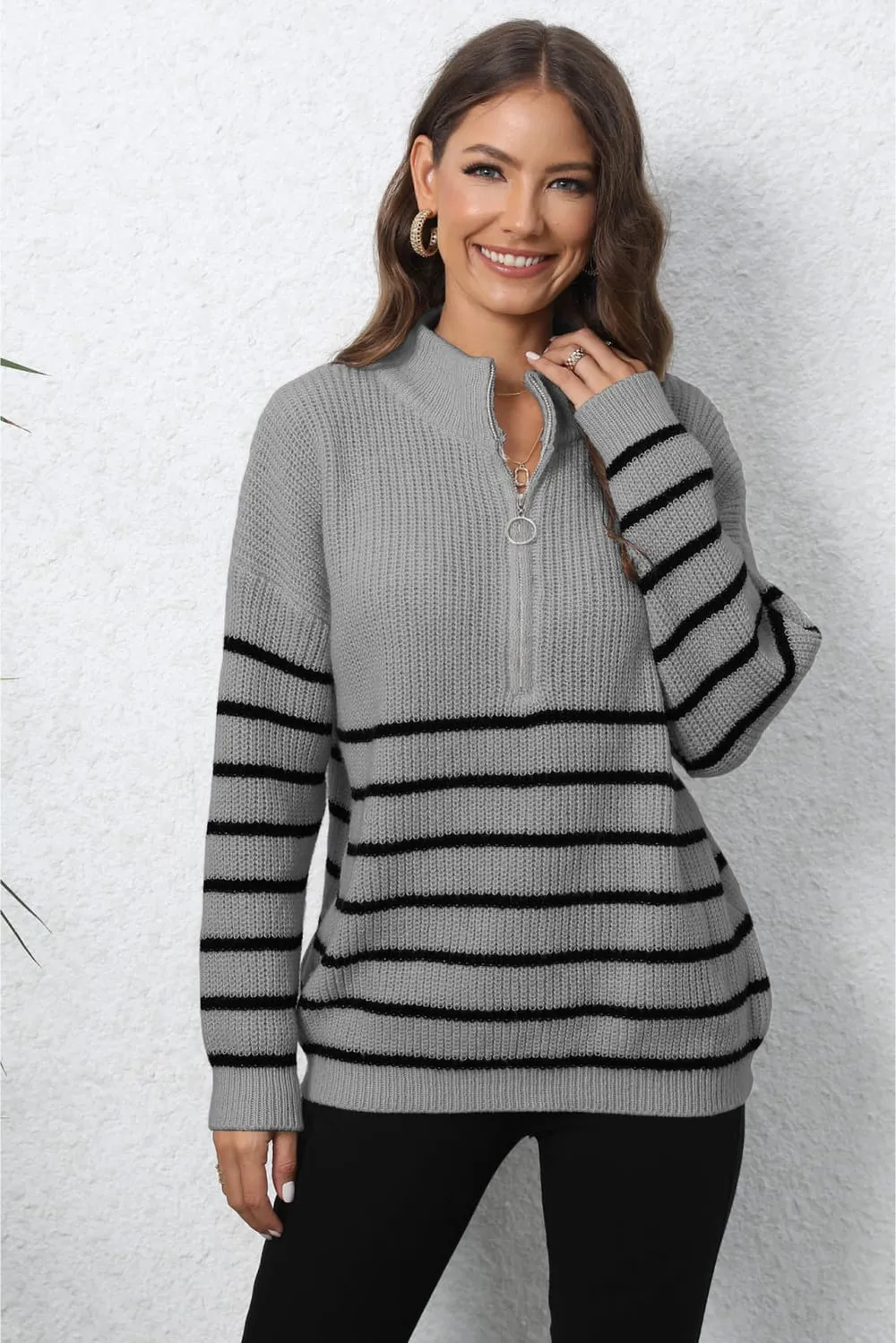 Mock Neck Long Sleeve Zip-Up Sweater, image 10
