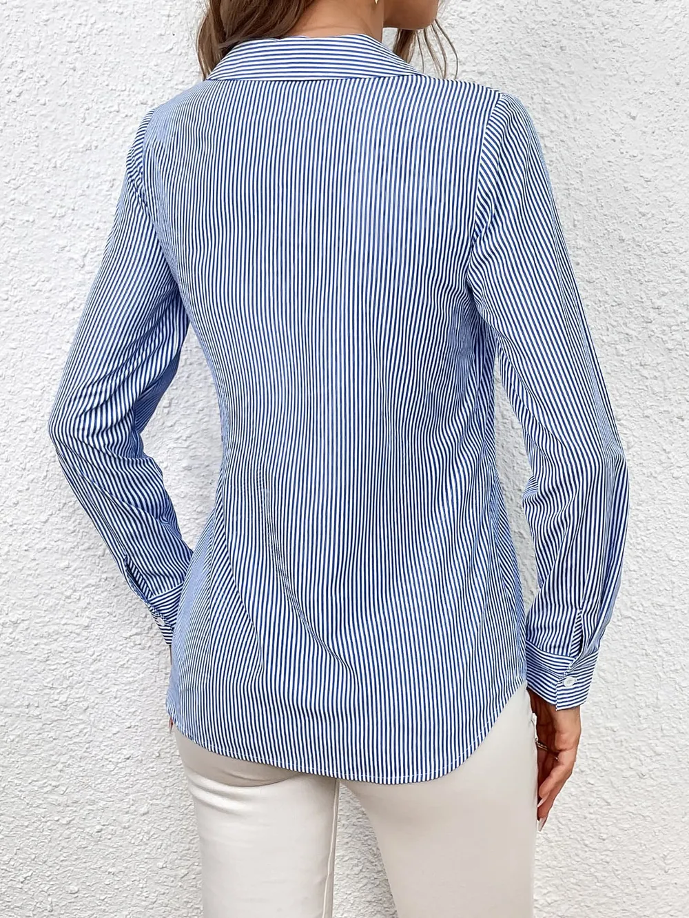 Bow Tie Waist Johnny Collar Neck Striped Blouse, image 10