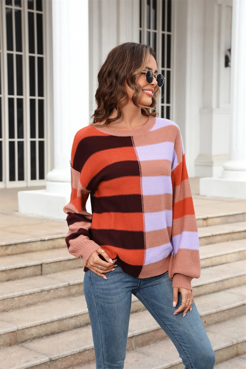 Round Neck Long Sleeve Color Block Dropped Shoulder Pullover Sweater, image 7