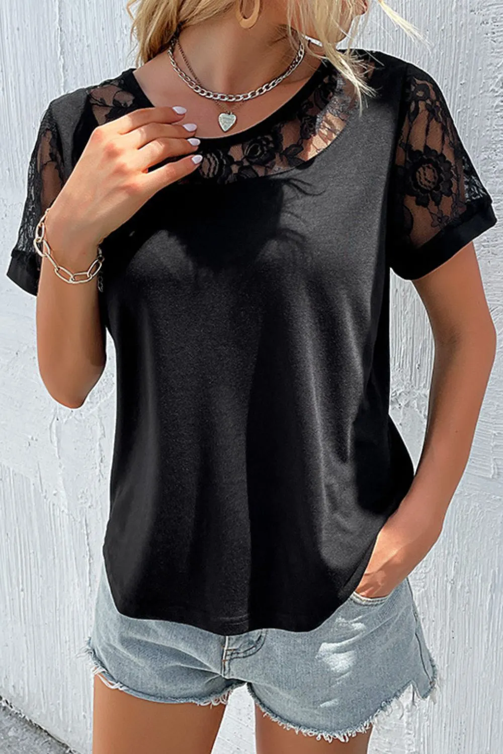 Spliced Lace Round Neck Short Sleeve Top, image 3