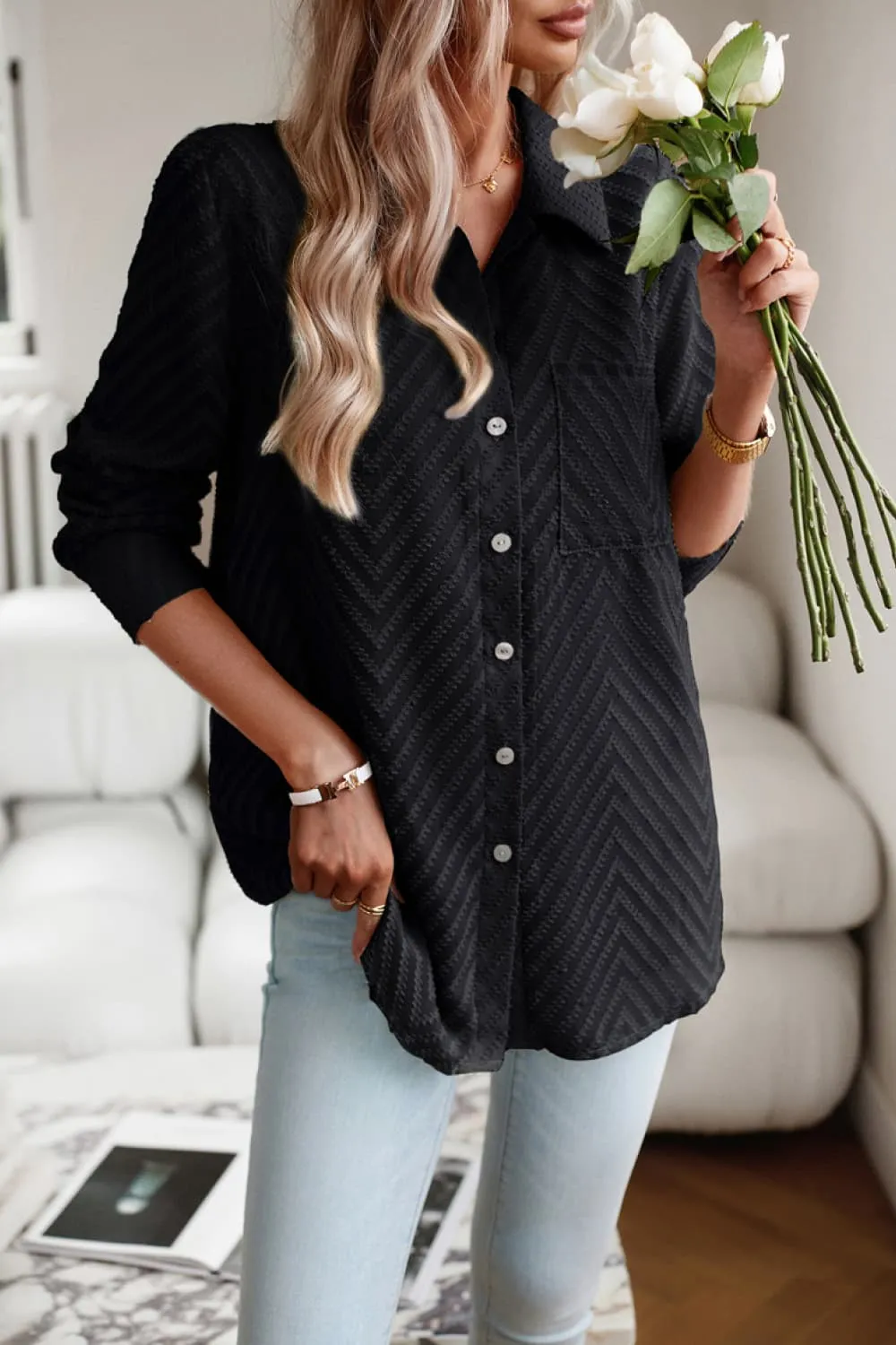 Collared Neck Long Sleeve Pocketed Shirt, image 14
