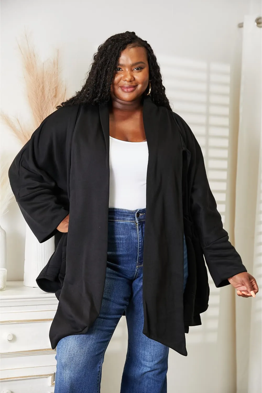 Full Size Open Front Cardigan with Scarf Design, image 11