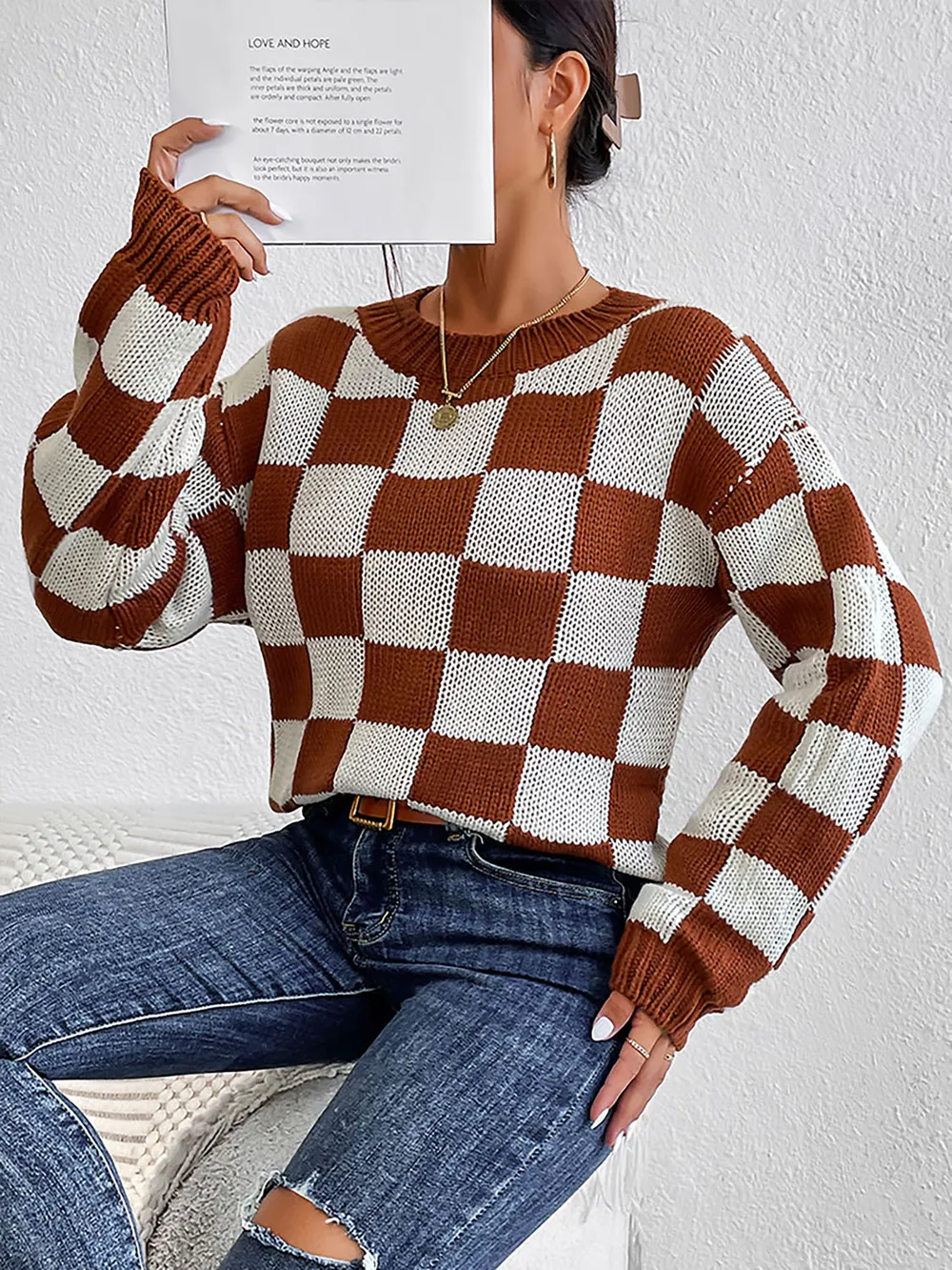 Checkered Round Neck Sweater, image 4